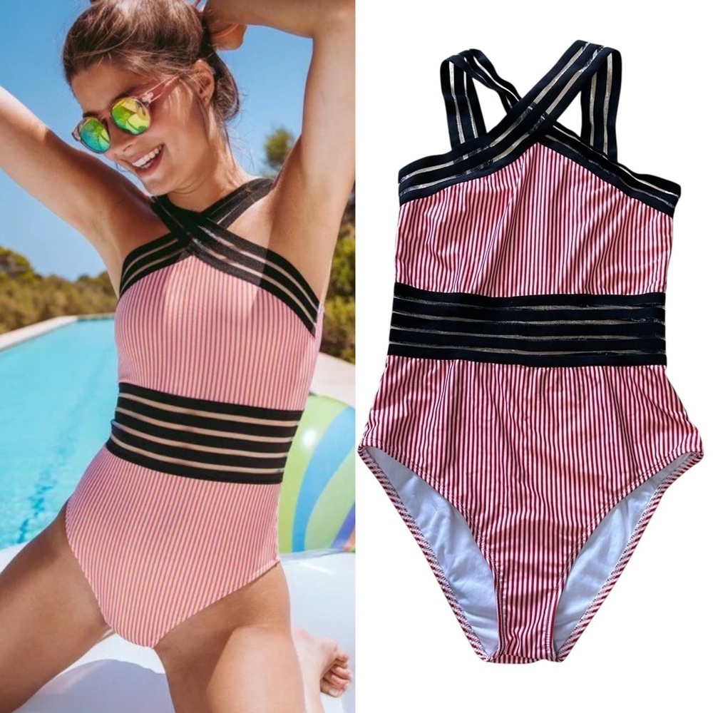 Aava Sevilla Crossover One Piece Swimsuit Red White Stripe Size Medium